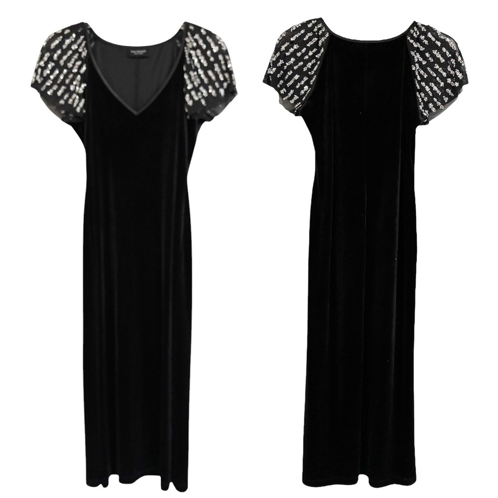 Isaac Mizrahi New York Black Velvet Gown Sequin/Glitter Sheer Flutter Sleeves Sm